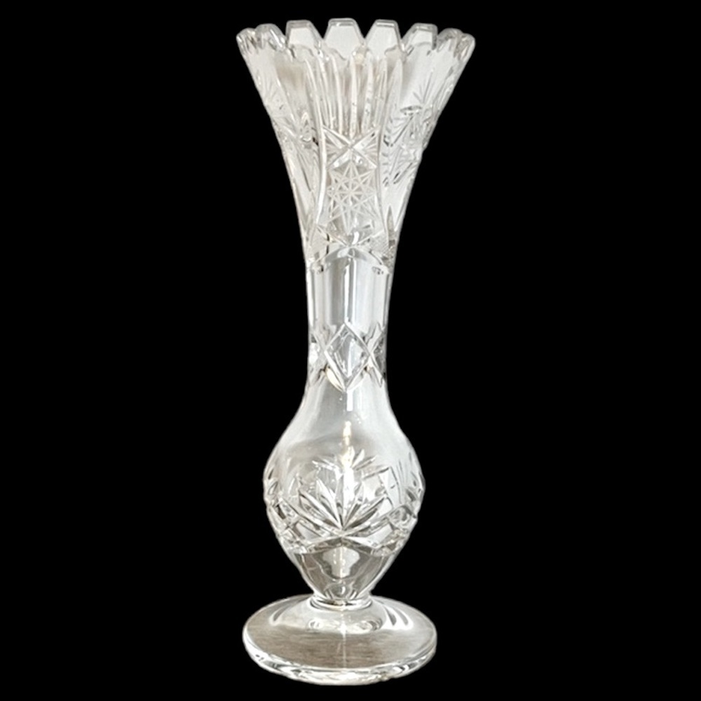 Crystal Clear Industries 10” Cut Glass Bud Vase Pinwheels Stars